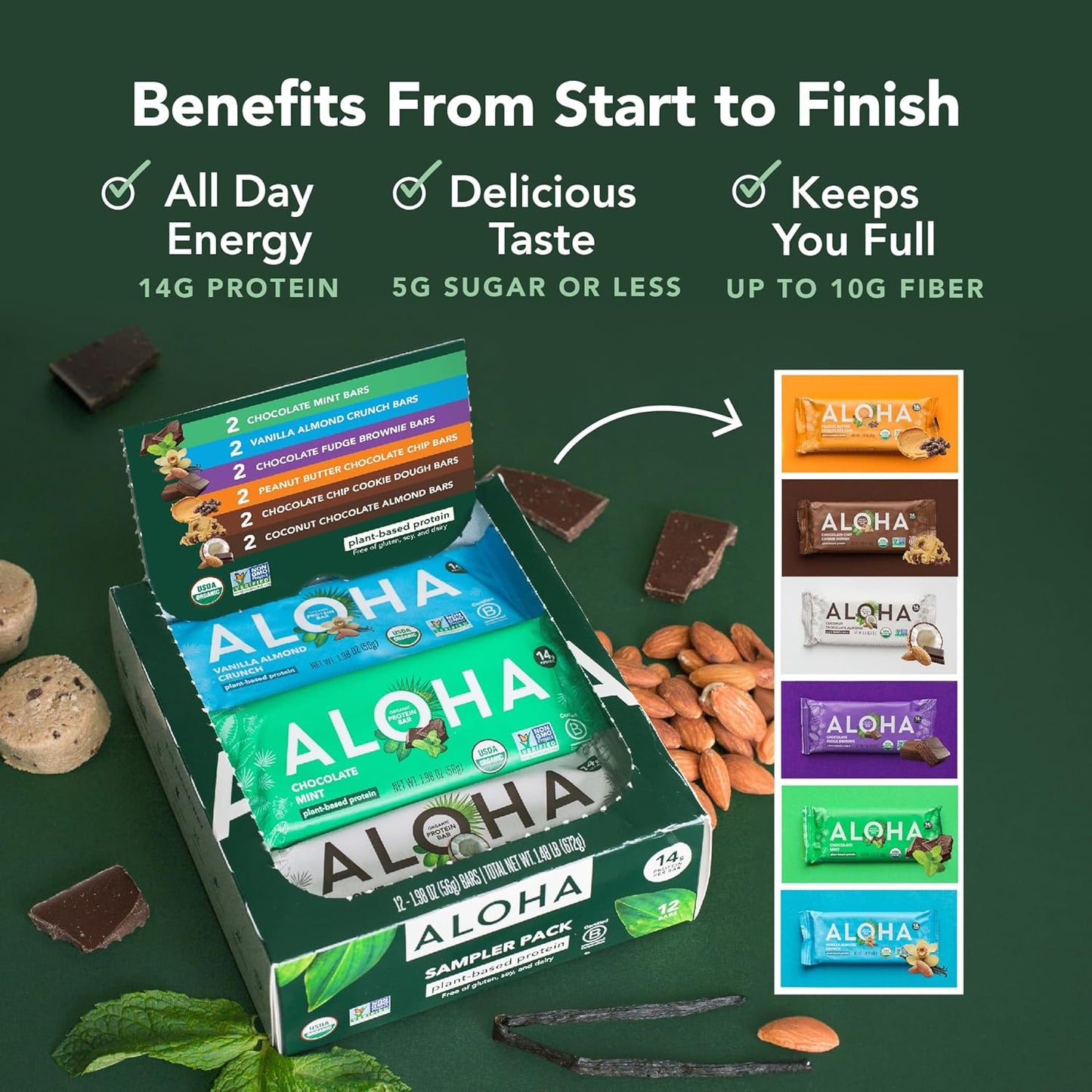 ALOHA Organic Plant Protein Bars: Vegan, Low Sugar, Gluten-Free, Low Carb.12 Count (Pack of 1)