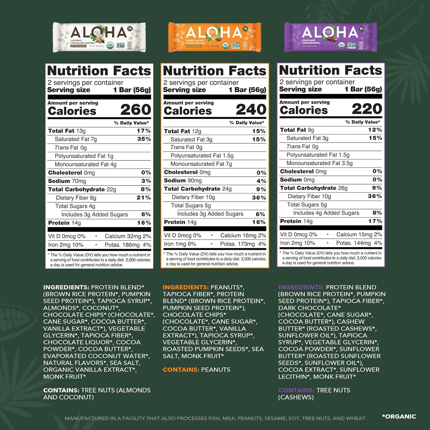 ALOHA Organic Plant Protein Bars: Vegan, Low Sugar, Gluten-Free, Low Carb.12 Count (Pack of 1)